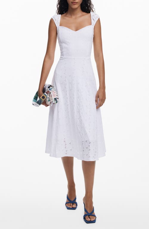 Desigual Sleeveless Embroidered Eyelet Cotton Midi Dress In White