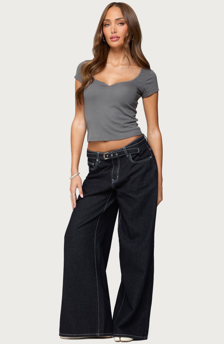 EDIKTED Ettalie Notched Neck Crop T-Shirt, Alternate, color, Dark-Gray