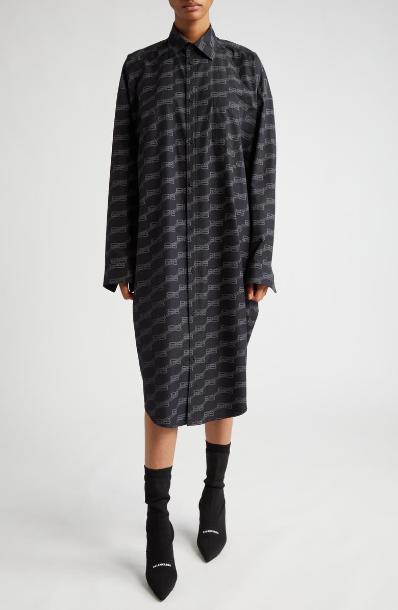 Balenciaga BB Monogram License Logo Long Sleeve Shirtdress, Main, color, 
