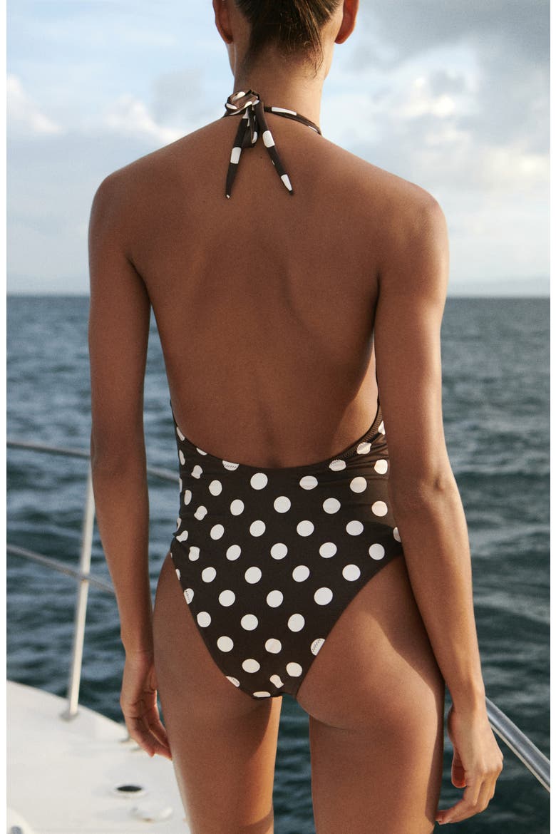 Polka Dot Halter One Piece Swimsuit, Alternate, color, BROWN