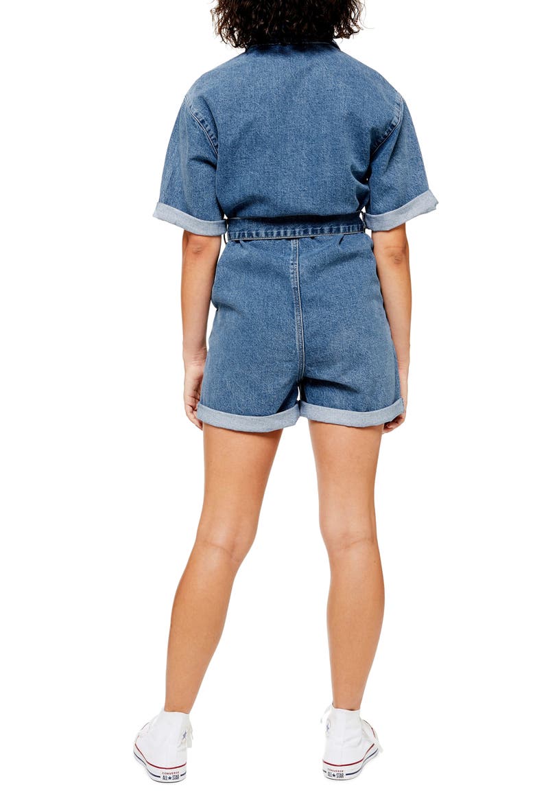 Denim Button-Down Romper, Alternate, color, MID DENIM