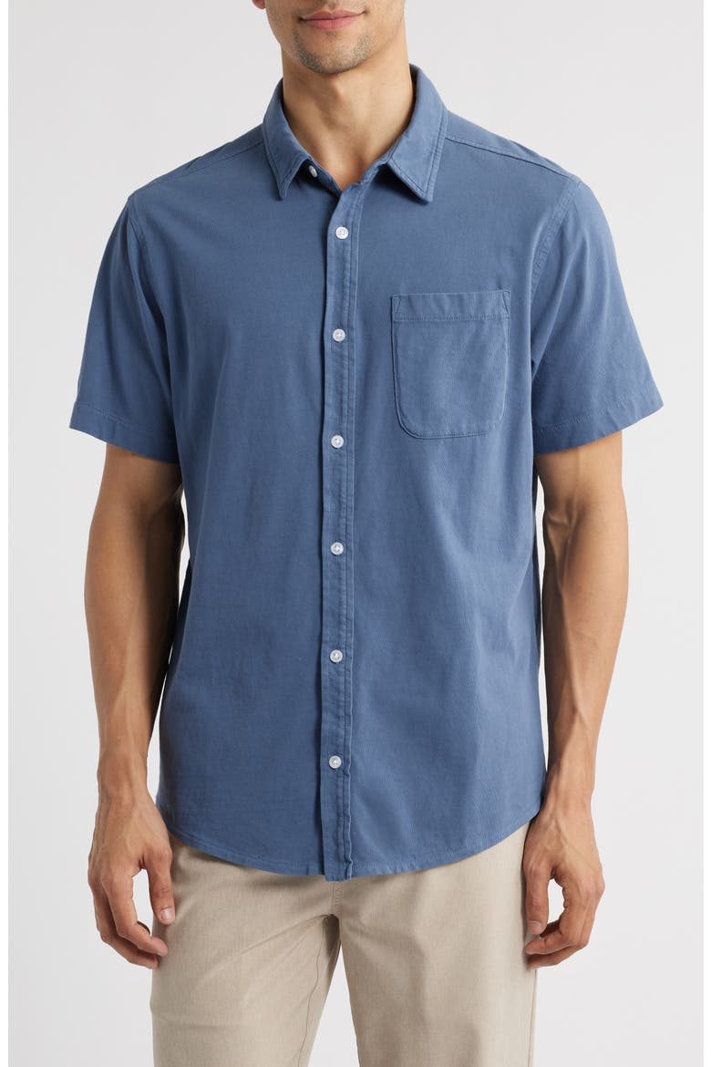 Saltaire Organic Cotton Knit Short Sleeve Button-Up Shirt, Main, color, NAVY