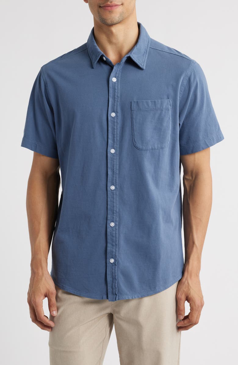 Fair Harbor Saltaire Organic Cotton Knit Short Sleeve Button-Up Shirt, Main, color, Navy