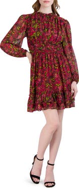 Julia Jordan Floral Print Gathered Long Sleeve Dress