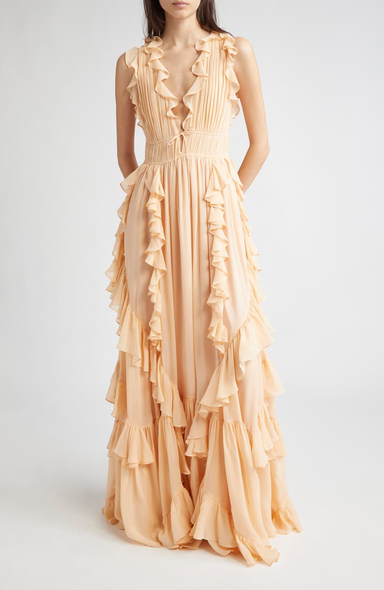 Ulla Johnson Florella Ruffle Sleeveless Silk Gown, Main, color, Peony