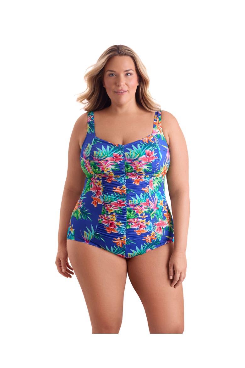 Shirred Front Princess Seam Girl Leg Plus Size One-Piece Swimsuit, Main, color, Tropical Tendencies
