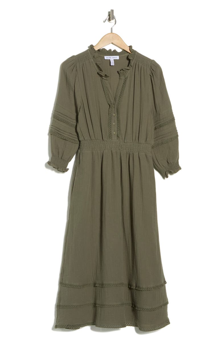 Ellen Tracy Button Front Gauze Dress, Main, color, Light Olive