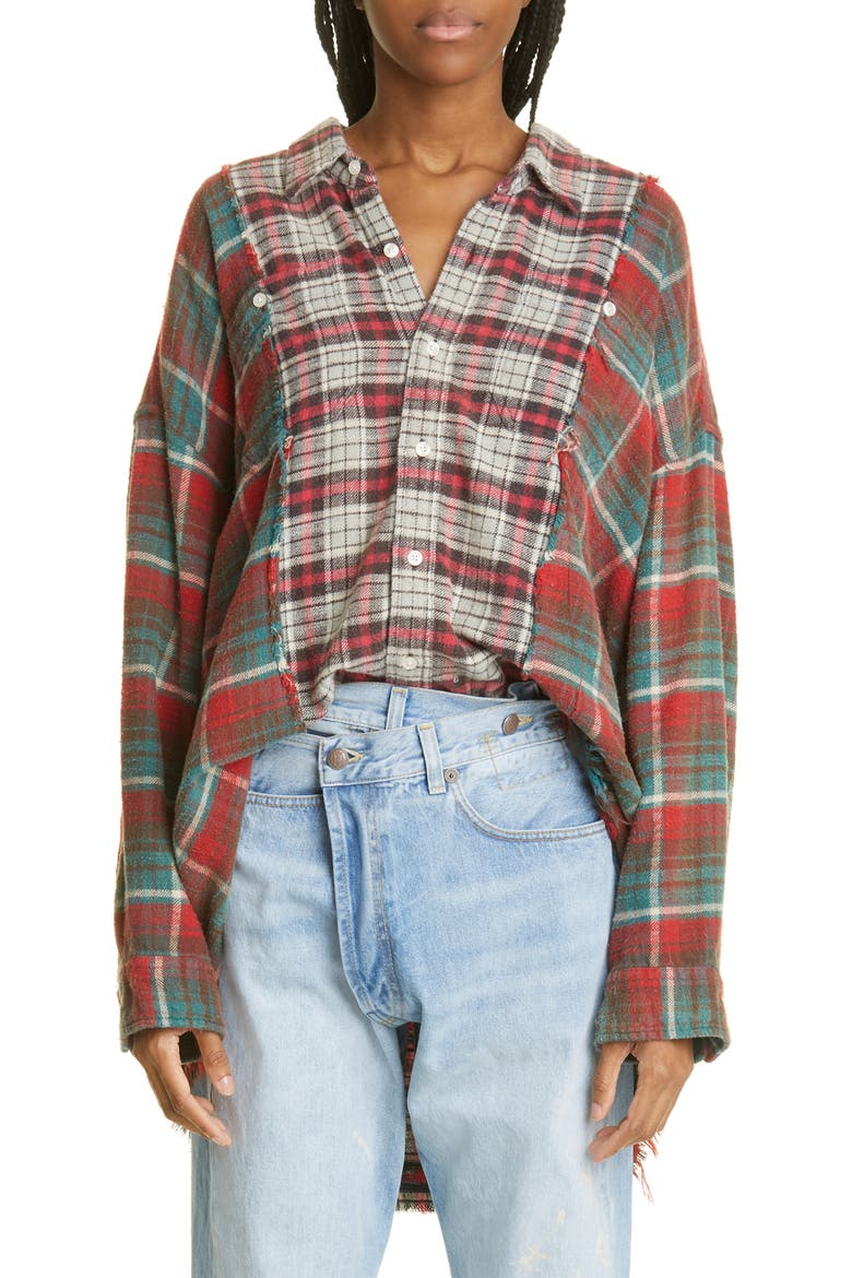Women's Patchwork Plaid Cotton Flannel Button-Up Shirt, Main, color, GREY PLAID W/ BLUE-RED PLAID