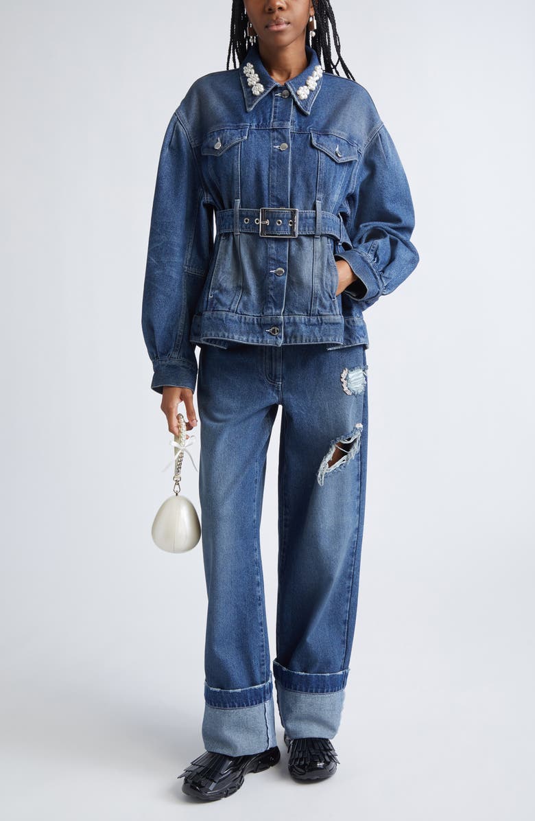 Simone Rocha Faux Pearl Detail Belted Denim Jacket, Alternate, color, Distressed Blue/ Pearl