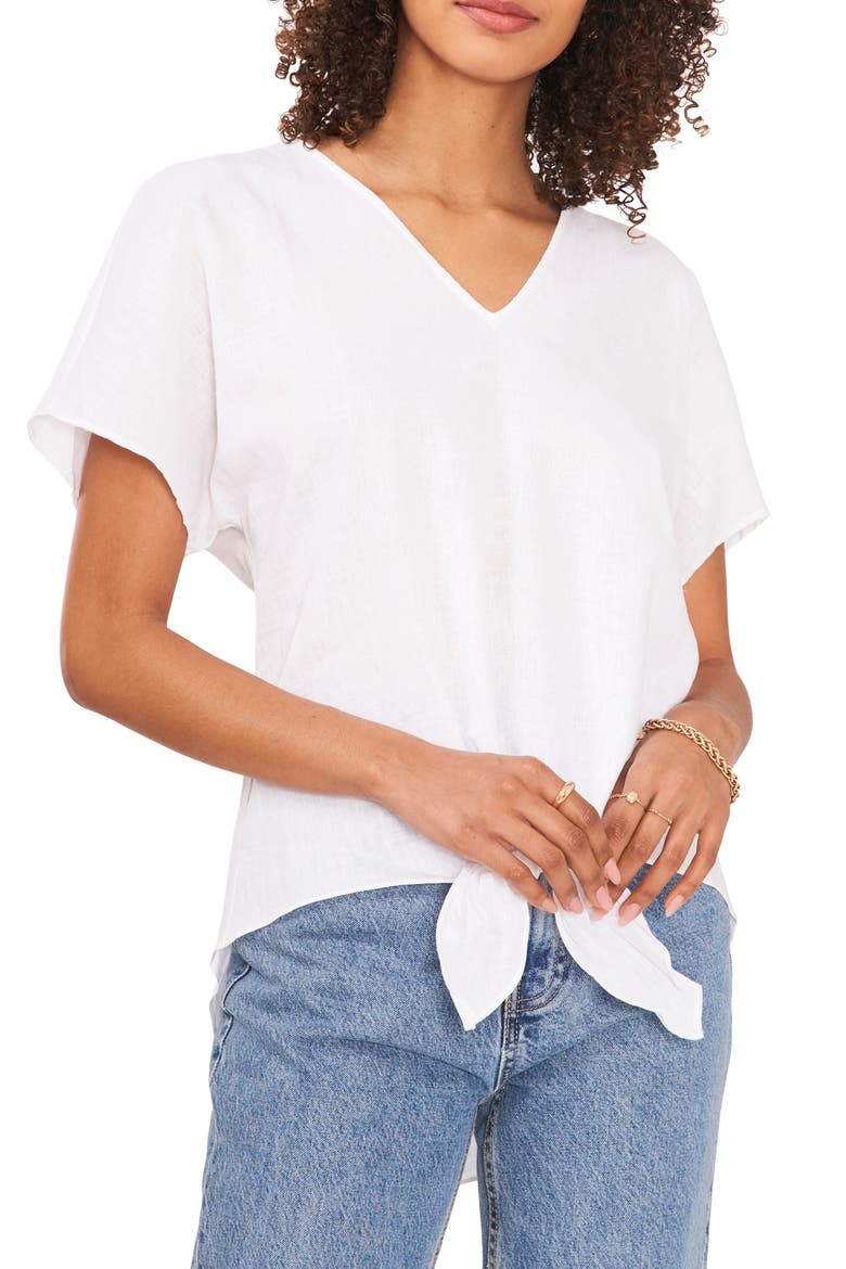Tie Front Linen Blend T-Shirt, Main, color, ULTRA WHITE