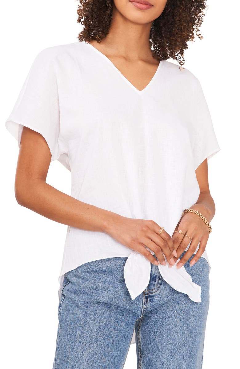 Vince Camuto Tie Front Linen Blend T-Shirt, Main, color,