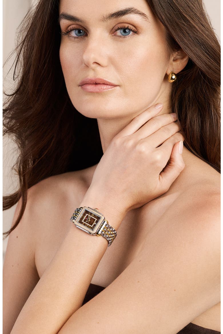 Deco Madison Mid Two-Tone 18K Gold Plate Diamond & Mother-of-Pearl Bracelet Watch, 29mm x 31mm, Alternate, color, TWO TONE