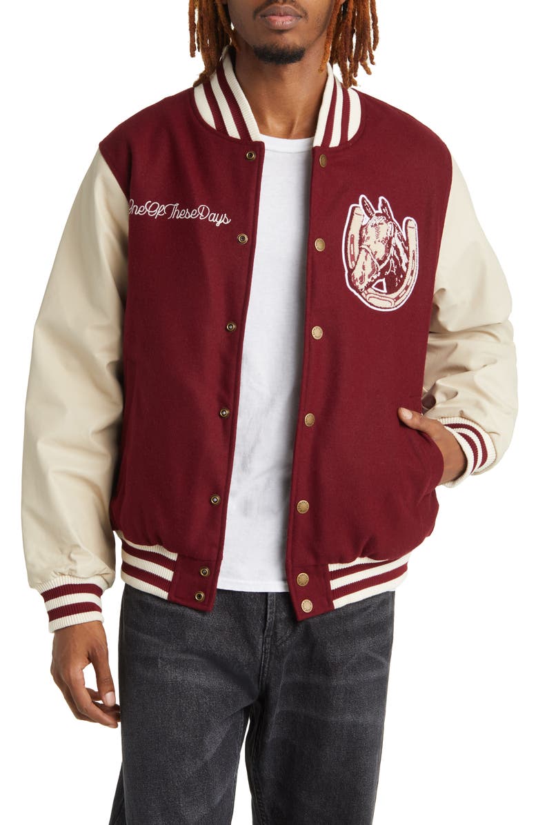 ONE OF THESE DAYS Horseshoe Cardinal Wool & Leather Varsity Bomber Jacket, Main, color,