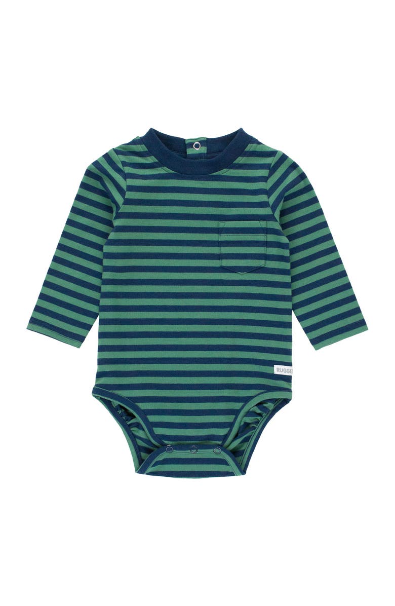 RuggedButts Baby Boys Crew Neck Pocket Bodysuit, Main, color, Fir Green & Navy Stripe