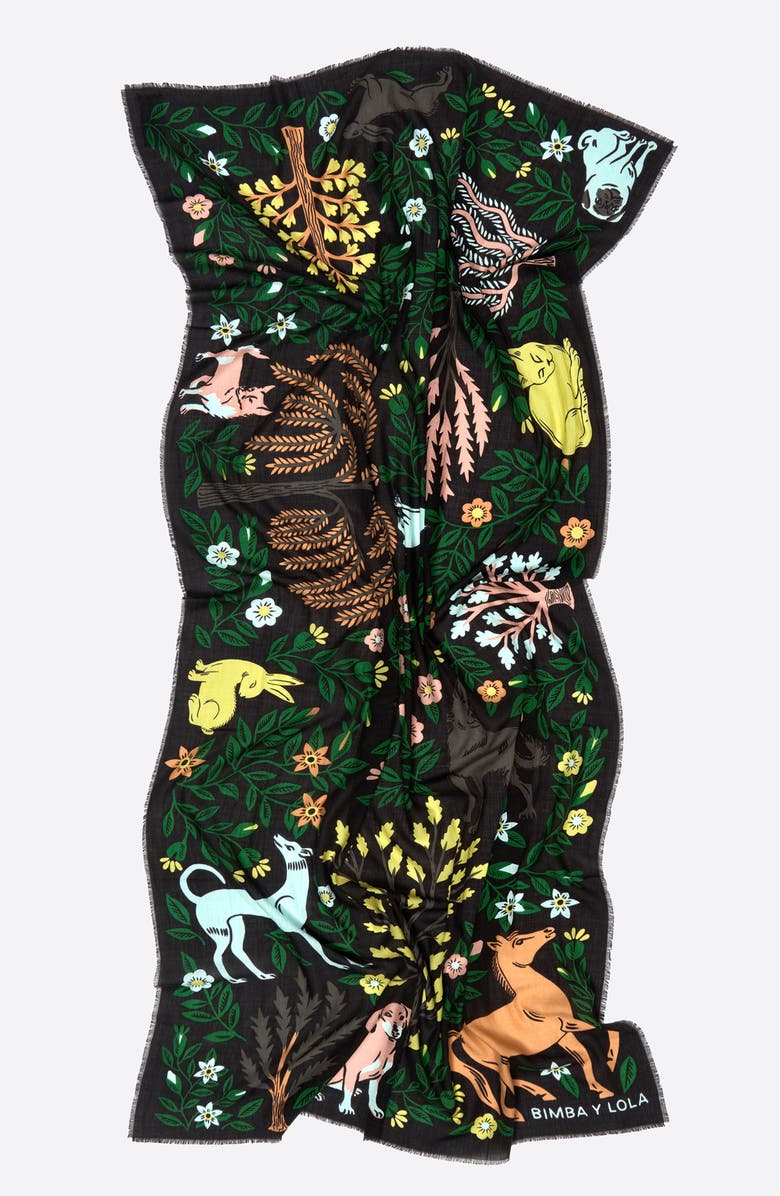 Bimba y Lola Vegetation Animals Shawl, Alternate, color, Black