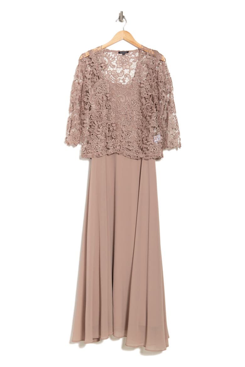 2-Piece Lace Jacket & Gown, Alternate, color, TAUPE
