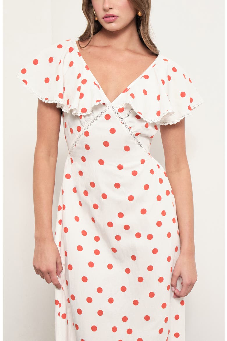 Valerie Polka Dot Flutter Sleeve Midi Dress, Alternate, color, WHITE ORANGE DOTS
