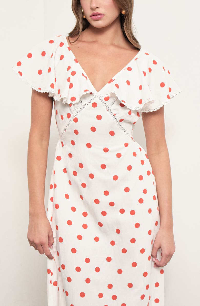 MAUDE CLUB Valerie Polka Dot Flutter Sleeve Midi Dress, Alternate, color, White Orange Dots