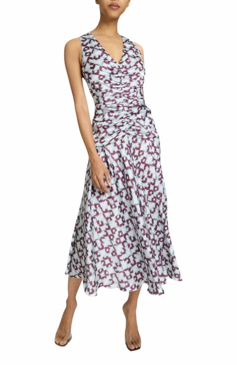 Eden Sleeveless Fit and Flare Midi Dress with Center Ruching in Graphic Printed Charmeuse