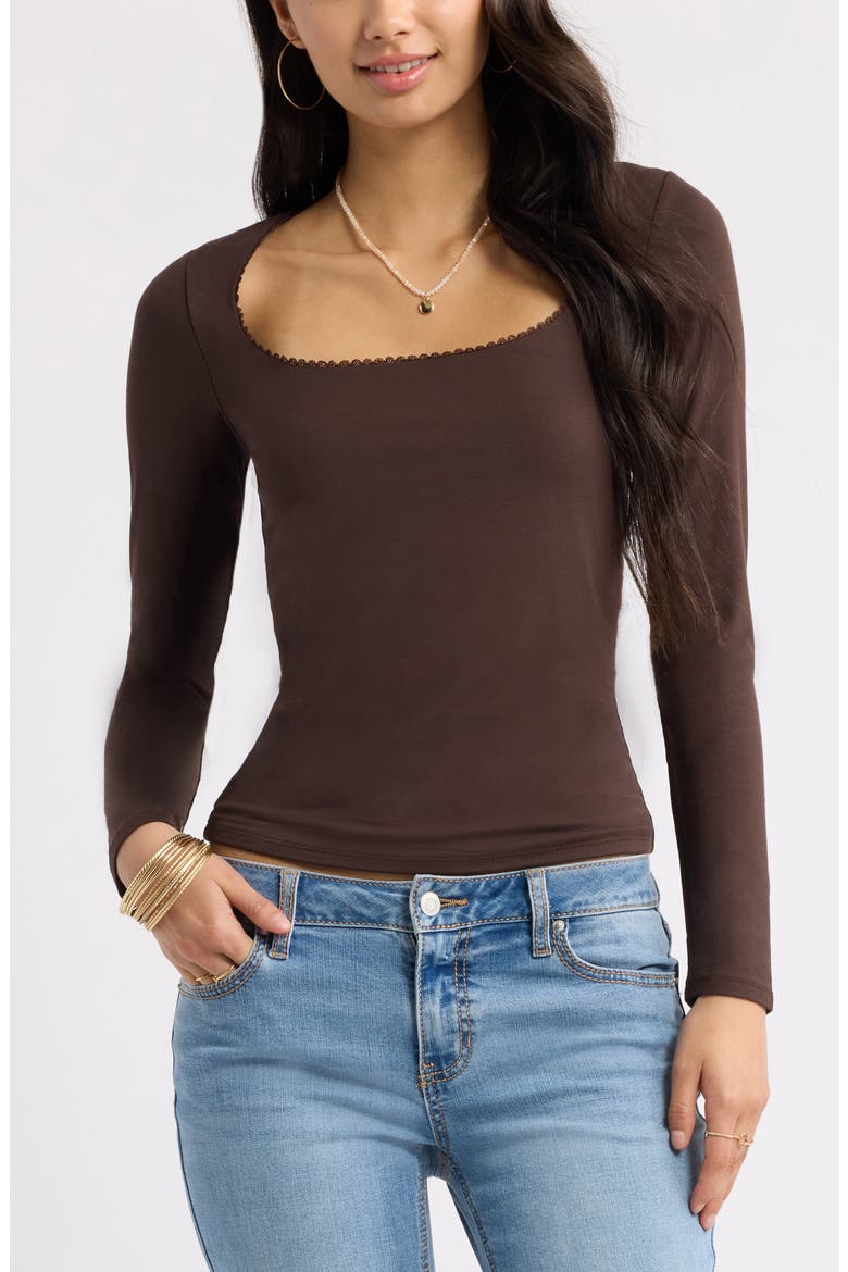 Lace Trim Square Neck Long Sleeve Top, Main, color, BROWN COFFEE