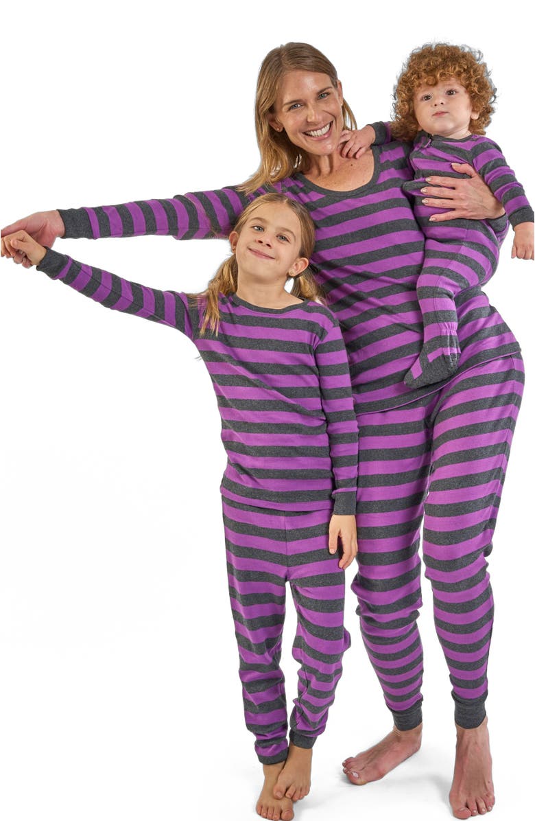 Leveret Footed Striped Cotton Matching Family Pajamas, Alternate, color, Purple & Dark Gray