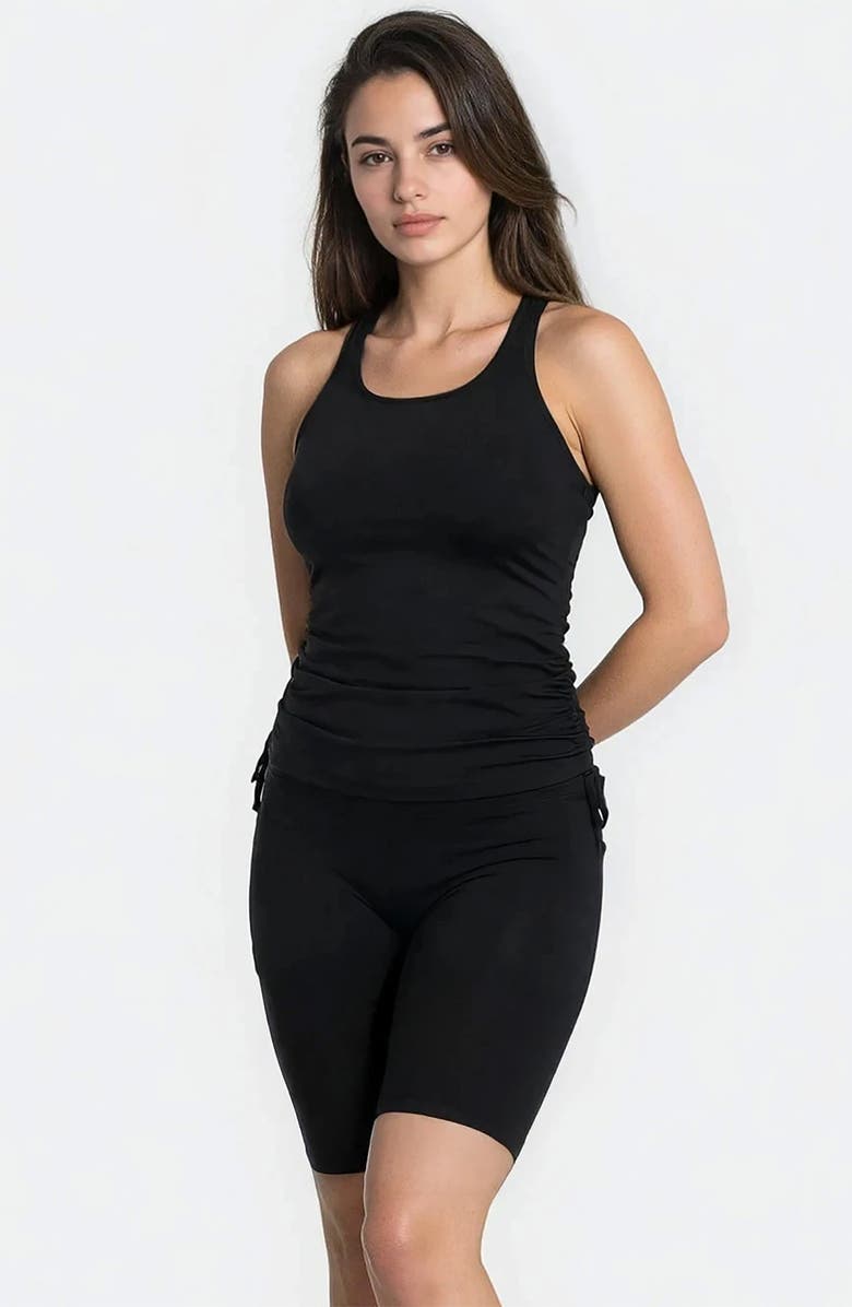 Calypsa Maya Tankini Swim Top With Removable Cups and Black High Waisted Long Bike Swim Shorts, Alternate, color, Black