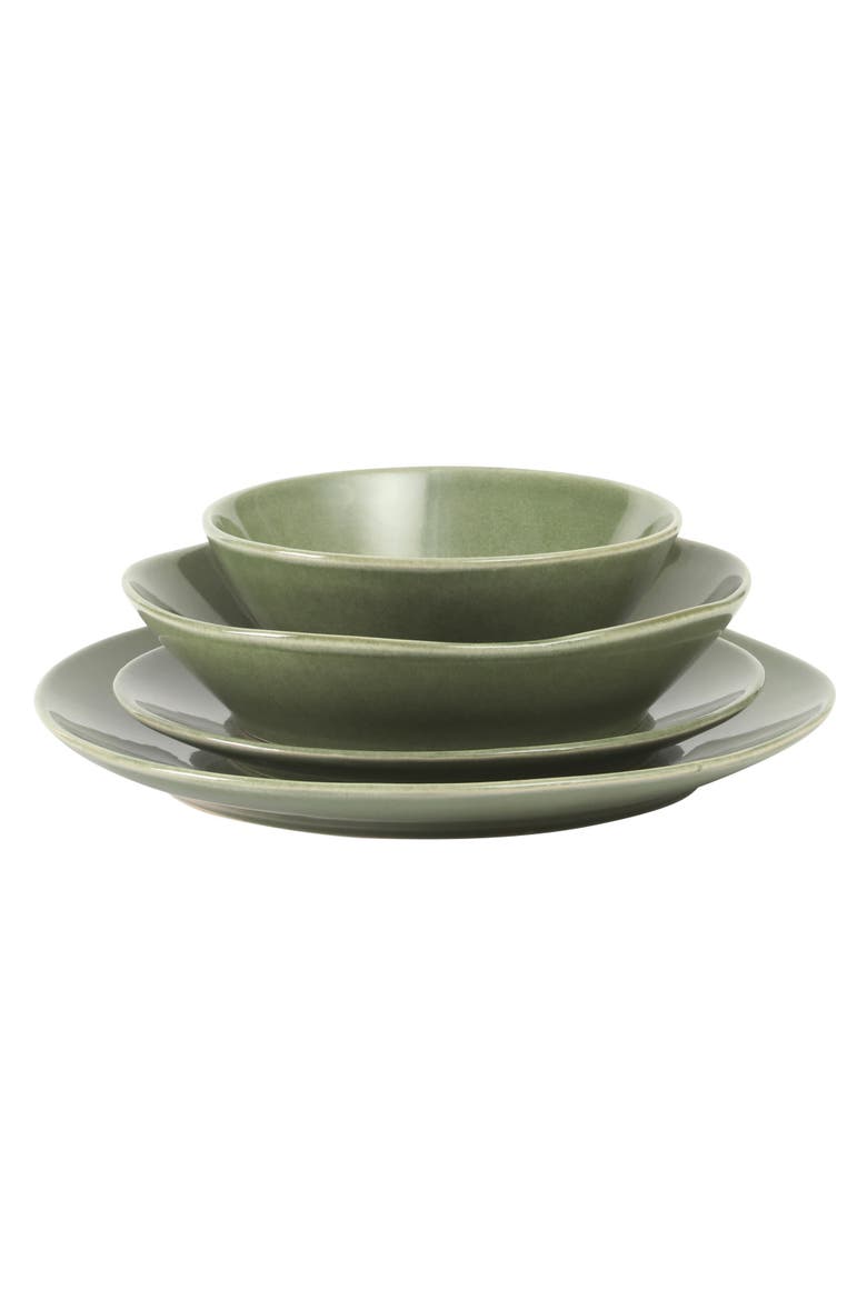 Montecito Breeze 16 Piece Double Plates and Bowls Stoneware Reactive Glaze Dinnerware Set, Alternate, color, Cyprus Green