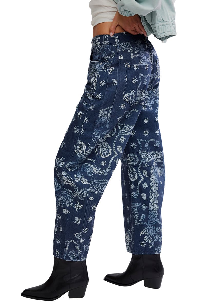 Free People Print Barrel Leg Jeans, Alternate, color, Navy Bandana