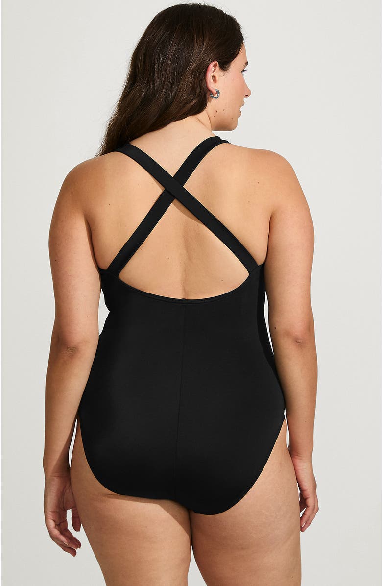 Lands' End Chlorine Resistant Scoop Neck X-Back High Leg Soft Cup Tugless Sporty One Piece Swimsuit, Alternate, color, Black