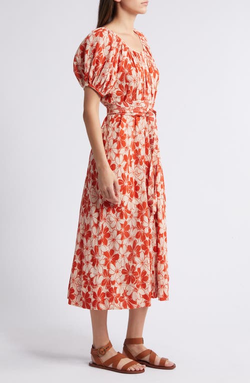 The Great . The Seascape Floral Crinkle Cotton Dress In Burnt Red Hibiscus Flower