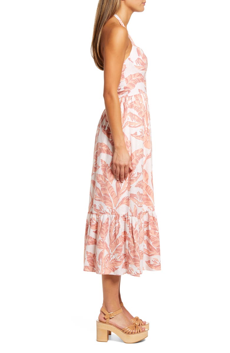 Bardot Tropica Halter Neck Linen Blend Midi Dress, Alternate, color, 