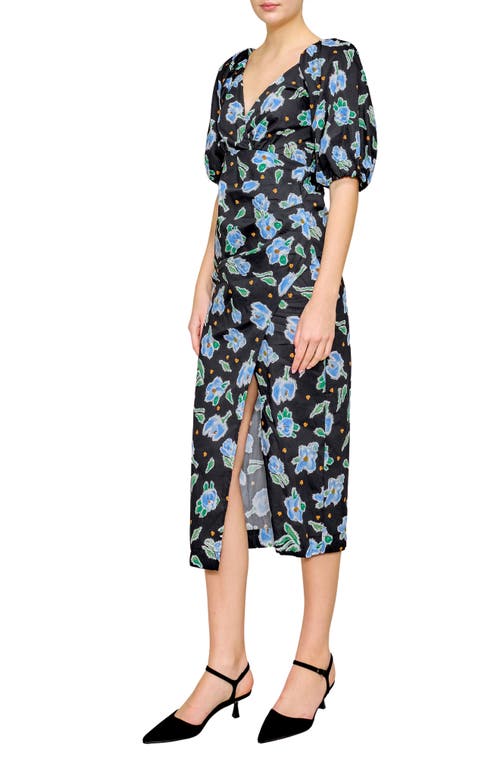 Melloday Puff Sleeve Poplin Faux Wrap Midi Dress In Black Multi