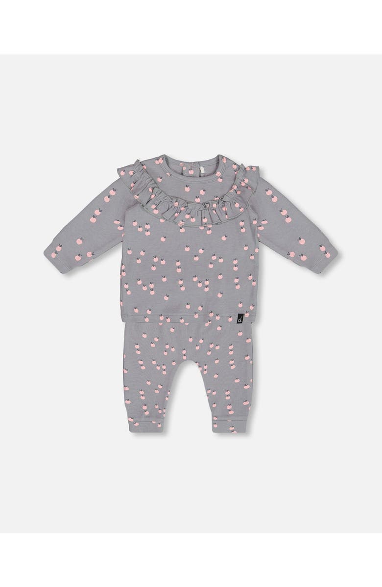 Deux par Deux Baby Girl's Printed Organic Cotton Top And Pants Set Gray With Apples, Main, color, 