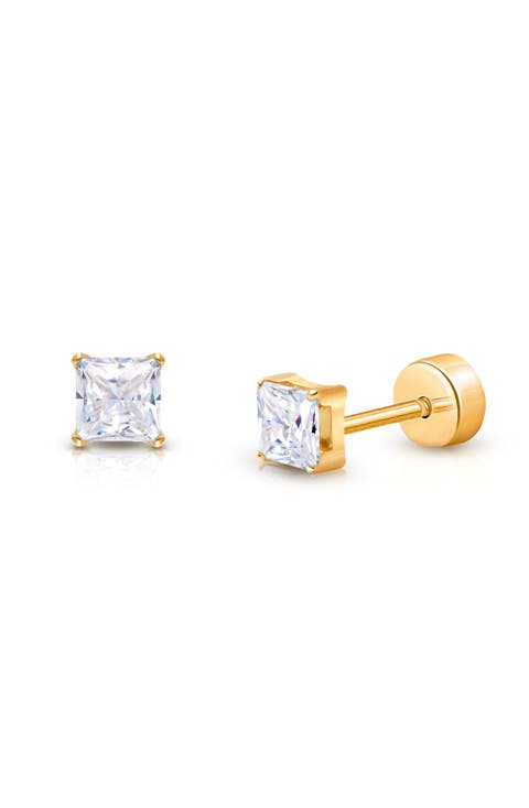14K Gold on Titanium 4mm Princess Cut Stud Screw Back Earrings