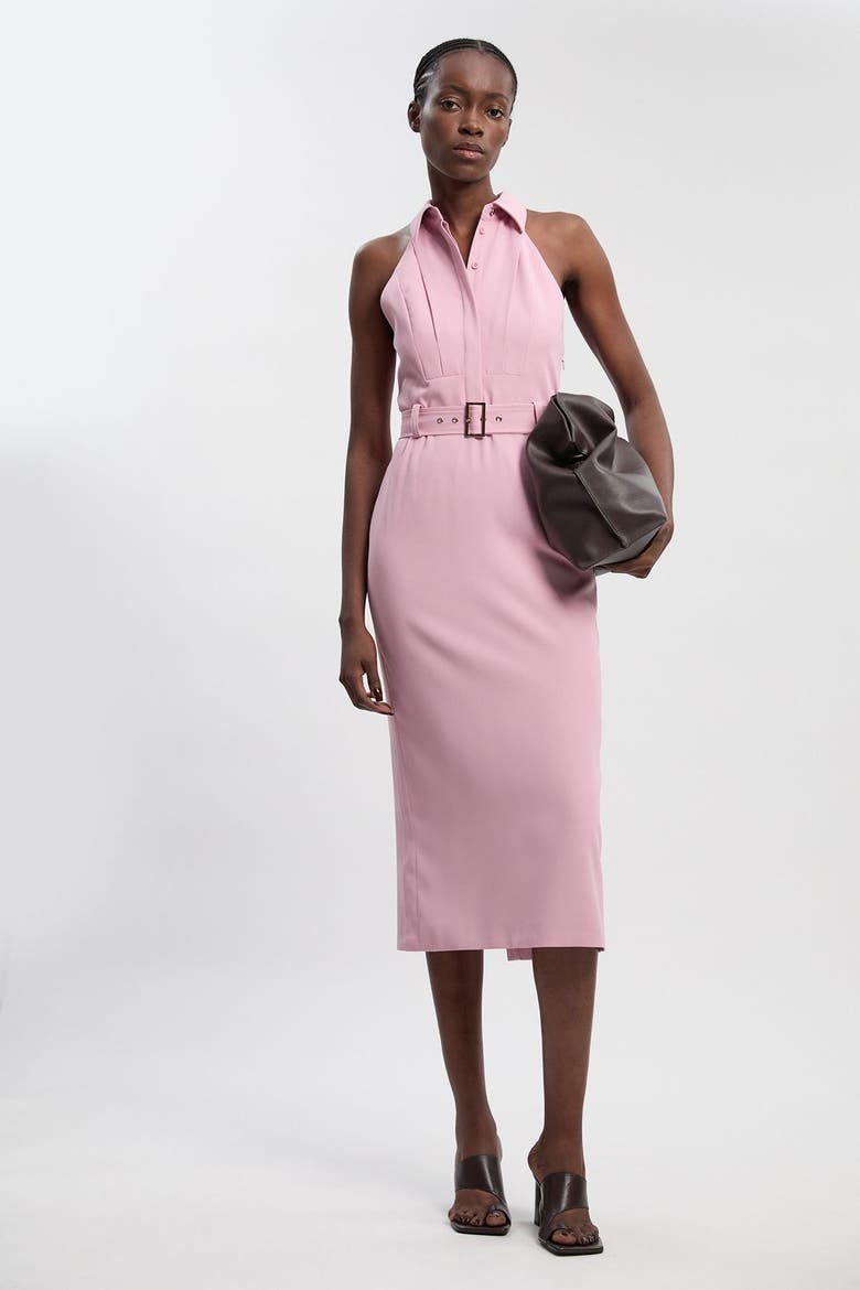 Collard Halter Neck Belted Midi Dress, Main, color, Pink