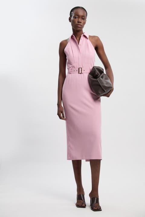 Collard Halter Neck Belted Midi Dress