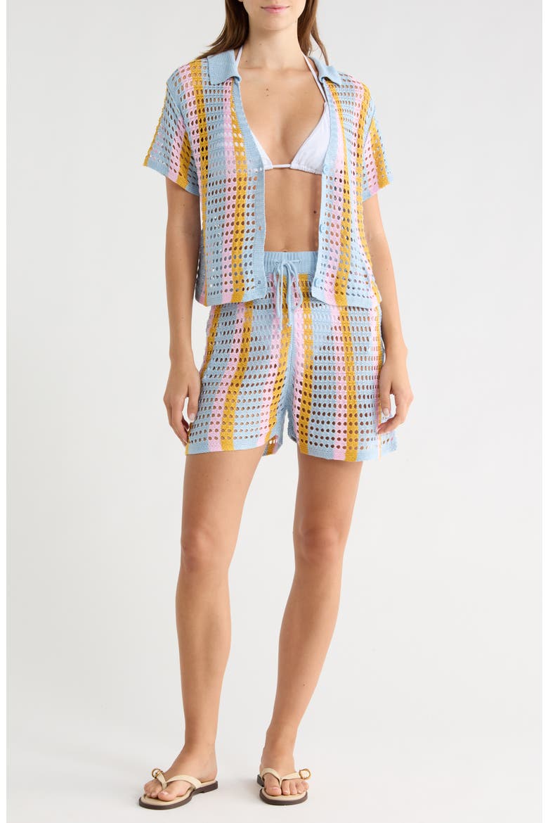 Open Knit Stripe Top & Shorts Set, Main, color, BLUE-MUSTARD STRIPE MULTI