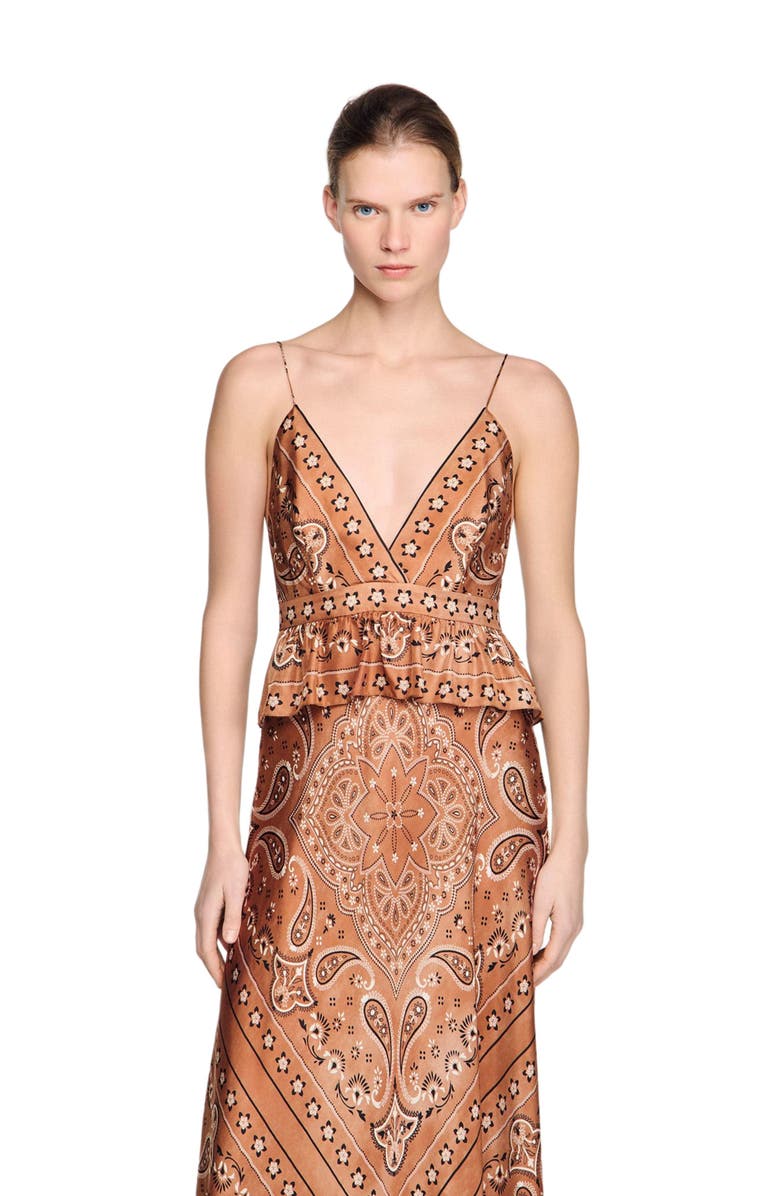 SANDRO Bandana-print maxi dress, Alternate, color, Brown / Black