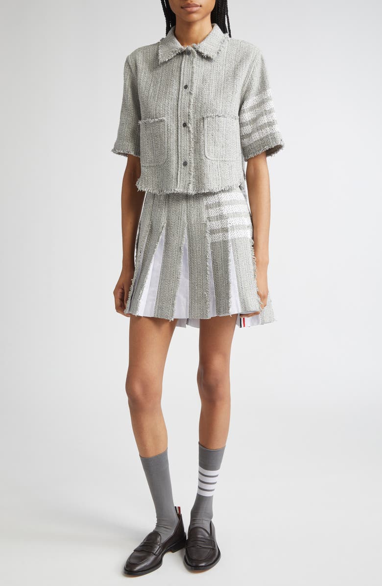 Thom Browne 4-Bar Short Sleeve Eyelash Tweed Crop Shirt Jacket, Alternate, color, Medium Grey