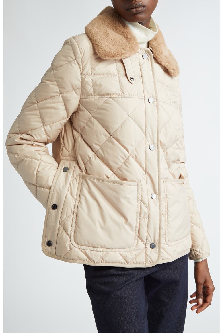 Cygne Belted Down Puffer Jacket with Removable Faux Fur Collar, Alternate, color, BEIGE