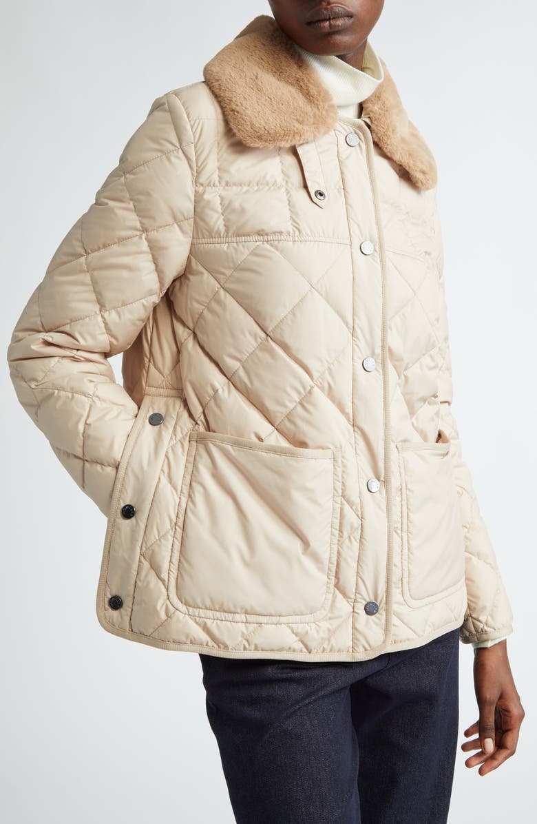 Moncler Cygne Belted Down Puffer Jacket with Removable Faux Fur Collar, Alternate, color, 