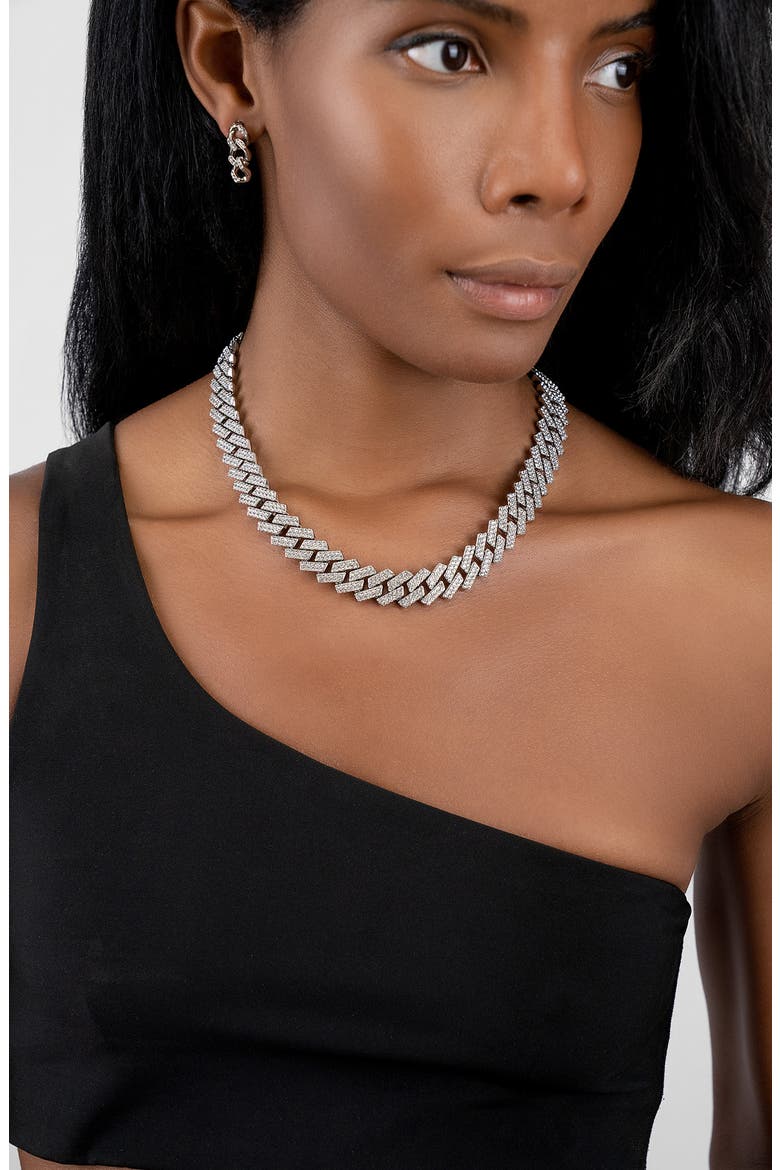 Pavé Cubic Zirconia Curb Chain Necklace, Alternate, color, SILVER