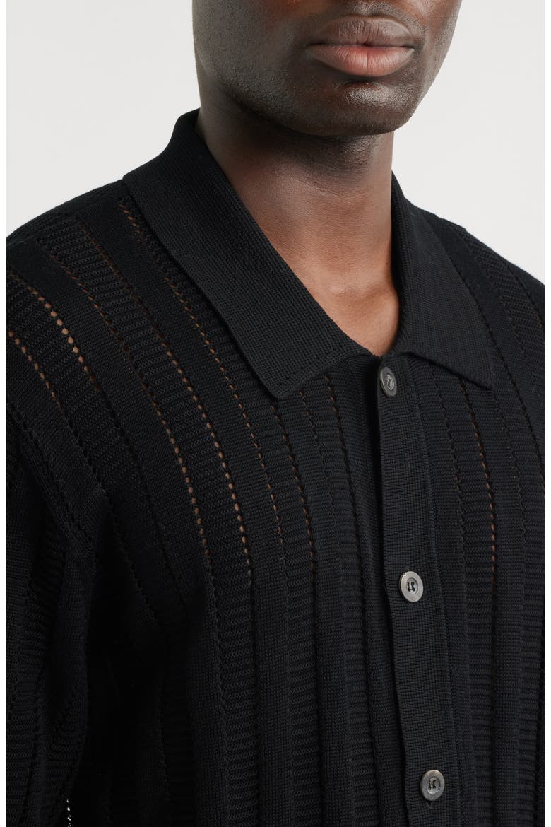 Pointelle Stripe Short Sleeve Organic Cotton Sweater, Alternate, color, BLACK