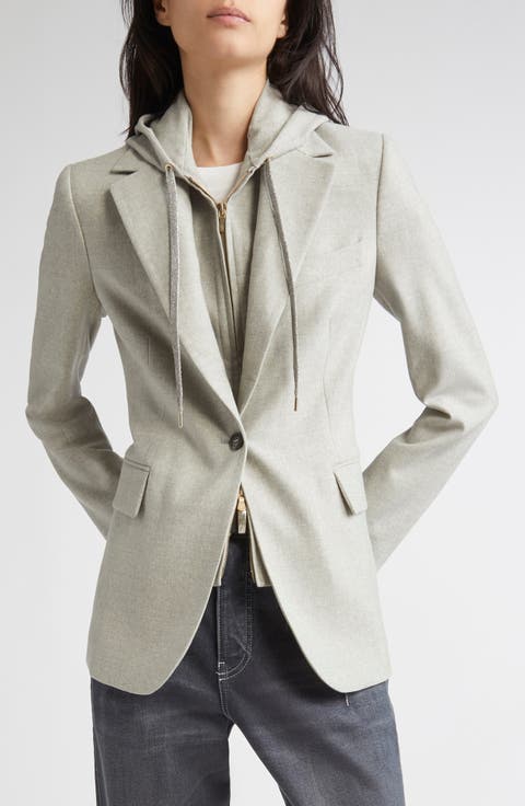 Stretch Wool Blazer with Removable Hooded Bib
