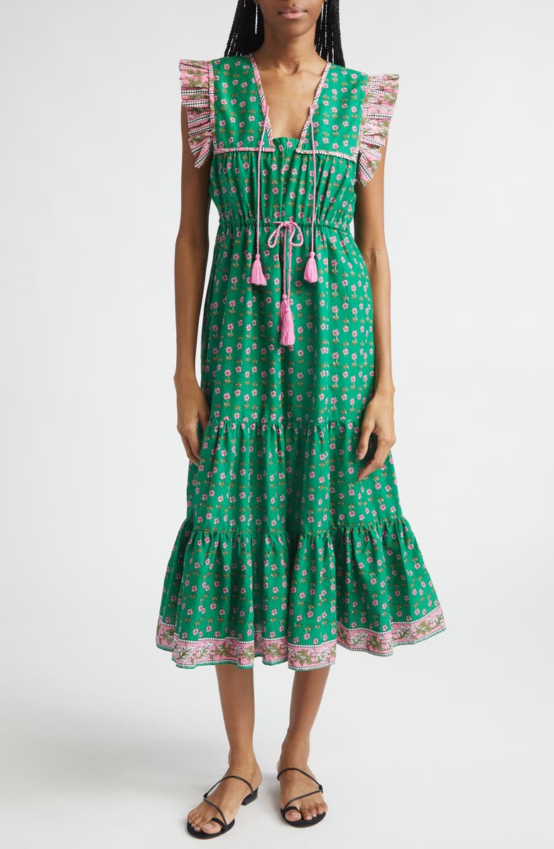 MILLE Esme Mixed Print Tassel Tie Cottton Midi Dress, Main, color, Jelly Bean
