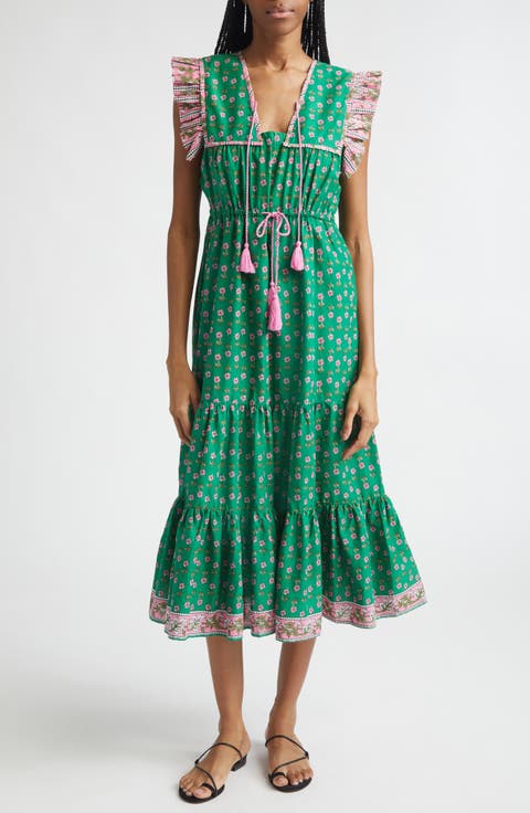 Esme Mixed Print Tassel Tie Cottton Midi Dress