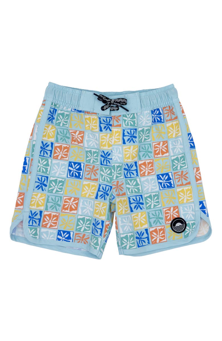 Feather 4 Arrow Kids' Palm Check Board Shorts, Main, color, 