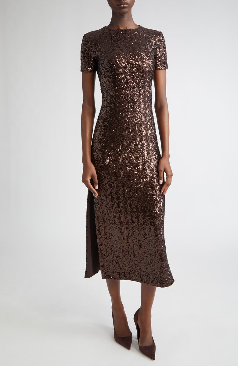 Michael Kors Collection Sequin Midi T-Shirt Dress, Main, color, Chocolate