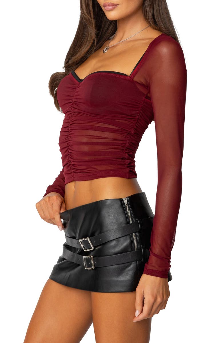 EDIKTED Tristina Semisheer Ruched Cutout Crop Top, Alternate, color, Burgundy