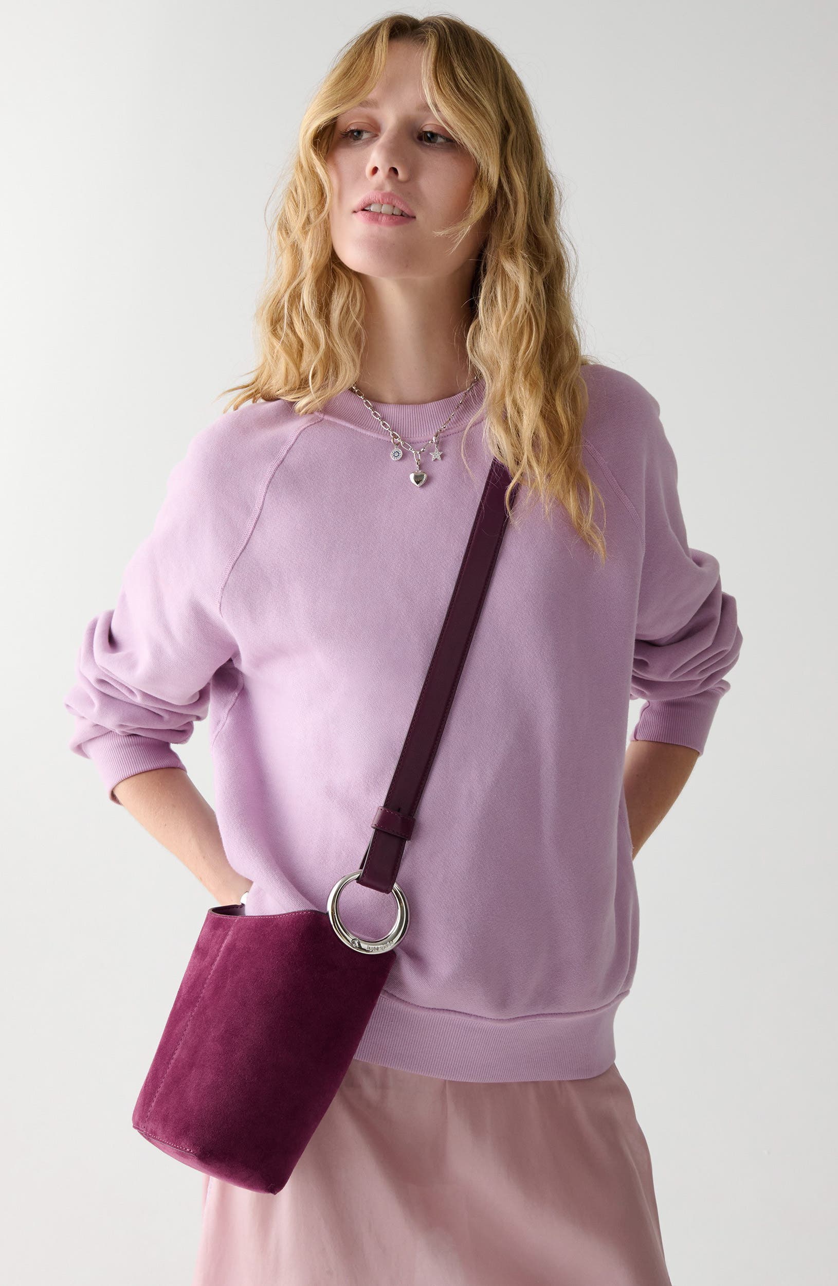 mini halo suede bucket bag, Alternate, color, PURPLE AGATE